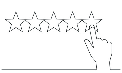 Continuous line drawing of positive feedback concept. Business hand give five star rating. Vector illustration