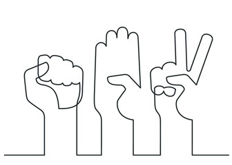 Rock, paper, scissors with human hands playing game showing fingers gestures. Continuous line drawing. Vector illustration