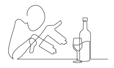 Continuous drawing of a man pointing with his hands to alcohol. Wine glass and wine bottle. Pointery gesture. Vector illustration