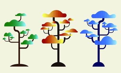 a set of stylized multi-colored images of trees for the design of illustrations, postcards, interiors in a cartoon style