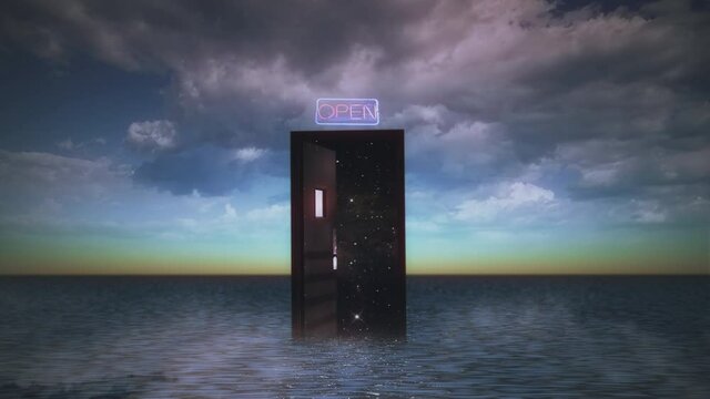 Door Open Deep Space Passage In Ocean, Abstract Background. Mysterious door in the ocean opened to deep space. Mysterious scene