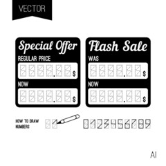 Digital price tag or numbers vector template for shop or supermarket. Store price label for retail display or sale. Shape for writing cost of product. Sale, best price, best offer and other.