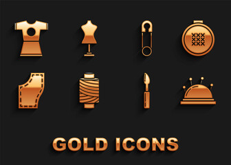 Set Sewing thread on spool, Round adjustable embroidery hoop, Needle bed and needles, Cutter tool, Pattern, Classic closed steel safety pin, Woman dress and Mannequin icon. Vector