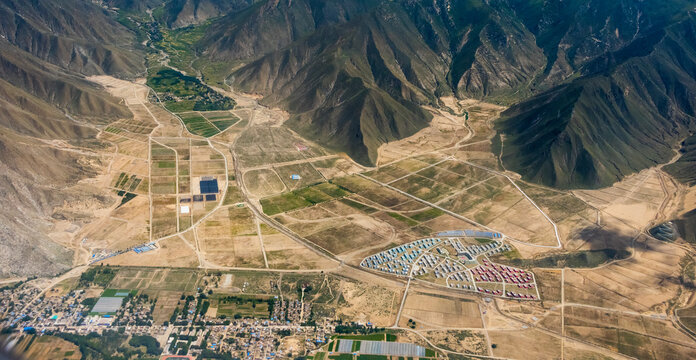 Aerial View Of Village And Barley Field In Lhasa Valley, Tibet, China