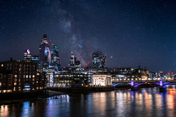 Panoramic view of the London financial district with many skyscrapers in the center of London. 