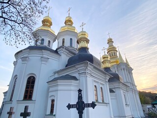 Fototapeta na wymiar Kiev Pechersk Lavra Church of Nativity of Blessed Virgin Mary is architectural monument of the 17th century in Cossack Baroque style. 