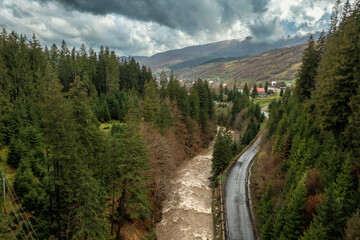 Aerial view of the forest and mountains in the Carpathians, beautiful landscape. Tourism, travel, Ukraine