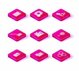 Set Jar of honey and honey dipper stick, Bee honeycomb, Honey with dripping, Hive for bees, Honeycomb, Flower, hand and Wooden barrel icon. Vector