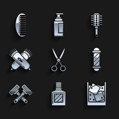 Fototapeta premium Set Scissors hairdresser, Aftershave, Glass of whiskey and ice cubes, Classic Barber shop pole, Crossed shaving razor, electrical clipper shaver, Hairbrush and icon. Vector