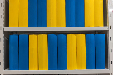 Close up view of accounting folders on shelves. Business and finance concept. Sweden.
