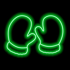 Green neon outline of warm winter mittens on black background