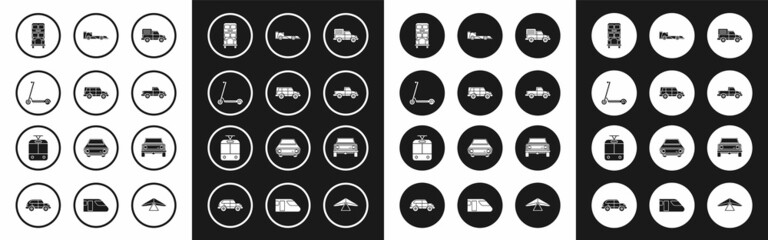 Fototapeta premium Set Delivery cargo truck vehicle, Off road, Scooter, Double decker bus, Pickup, Formula race, and Tram and railway icon. Vector