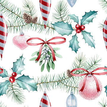 Watercolor Christmas background. Holly snd berries christmas wallpaper. Winter greenery leaves seamless pattern. Surface design.