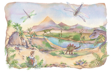 Story of two children who come to another world, world of dinosaur. Watercolor illustration.