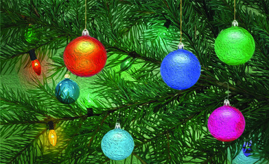 Obraz na płótnie Canvas Multicolored balls and garlands on the fir branches. Christmas decorations for the New Year and Christmas. 