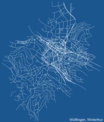 Detailed technical drawing navigation urban street roads map on blue background of the quarter Kreis 6 Wülflingen District of the Swiss regional capital city of Winterthur, Switzerland