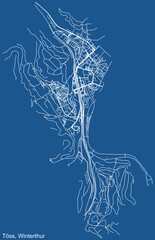 Detailed technical drawing navigation urban street roads map on blue background of the quarter Kreis 4 Töss District of the Swiss regional capital city of Winterthur, Switzerland
