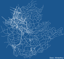 Detailed technical drawing navigation urban street roads map on blue background of the quarter Kreis 3 Seen District of the Swiss regional capital city of Winterthur, Switzerland