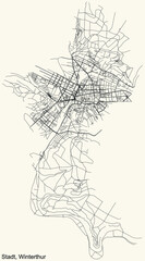 Naklejka premium Detailed navigation urban street roads map on vintage beige background of the quarter Kreis 1 Stadt District of the Swiss regional capital city of Winterthur, Switzerland