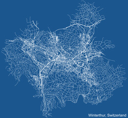 Detailed technical drawing navigation urban street roads map on blue background of Swiss regional capital city of Winterthur, Switzerland