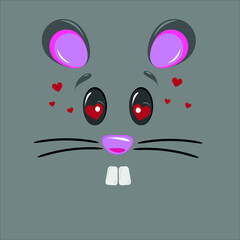Vector illustration of a falling in love mouse with cute face on gray background. Cartoon of a mouse with mustaches and hearts