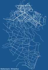 Detailed technical drawing navigation urban street roads map on blue background of the quarter Kreis 7 Mattenbach District of the Swiss regional capital city of Winterthur, Switzerland