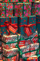 A lot of Christmas gifts packed beautifully. Great presents for the winter holidays. Make someone happy.