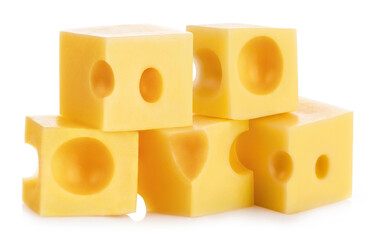 Delicious cheese cubes, isolated on white background