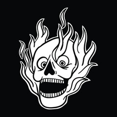 skull fire black and white illustration print on t-shirts,jacket,souvenirs or tattoo free vector
