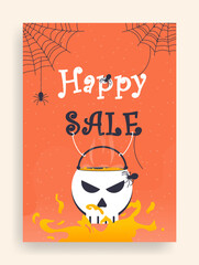 Skull cup.Happy Halloween banner with skull, fire, web and spiders. Halloween poster designs with symbols and calligraphy.
