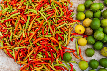 Peppers and limes at market, Vientiane, Capital of Laos, Southeast Asia