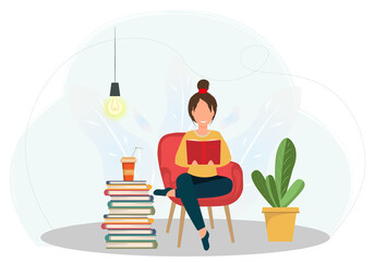 Young happy woman sitting in the armchair and reading the book, hobby concept, education concept, flat vector illustration