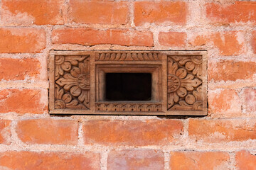 Traditional architectural style of brick and wood carving on temple in Bhaktapur Durbar Square,...