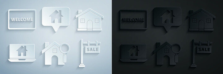 Set Search house, House, Laptop and smart home, Hanging sign with text Sale, Map pointer and Doormat the Welcome icon. Vector