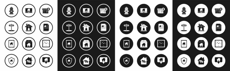 Set House with dollar symbol, Hanging sign text Sale, Fire hydrant, contract, Laptop and smart home, Clock and Tablet icon. Vector