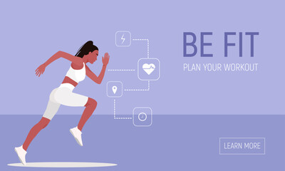 Fototapeta premium Running female. Concept of fitness woman. Tracking of pulse. Runners - a woman running and exercising outside, website template