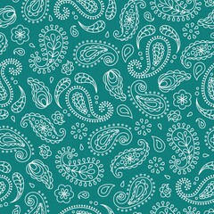 Seamless pattern based on ornament paisley Bandana print. Vector background. 
Paisley. Traditional ethnic pattern. Green emerald color