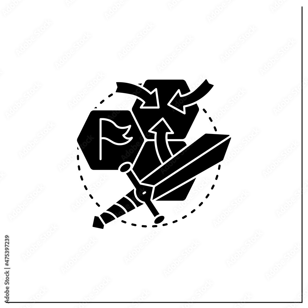 Poster strategy game glyph icon. sequential actions to achieve goals. storylines. different characters.onli