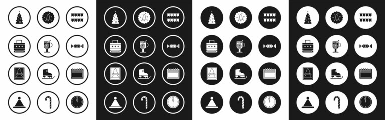 Set Carnival garland with flags, Mulled wine glass of drink, Christmas paper shopping bag, tree decorations, Candy, Cookie biscuit chocolate, Calendar and postcard icon. Vector