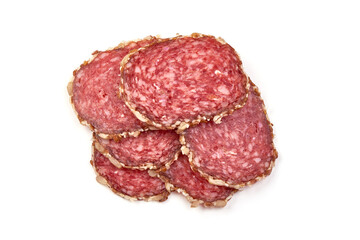Italian sausage. Tasty air dried sausage, isolated on white background.