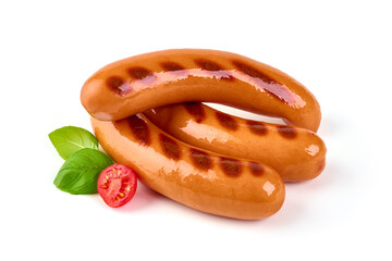 Fried frankfurter sausage, isolated on white background.