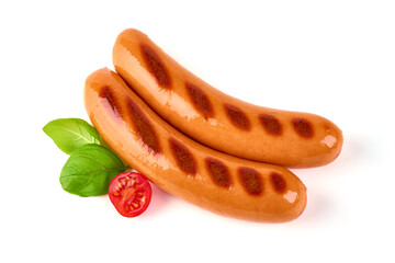 Fried frankfurter sausage, isolated on white background.