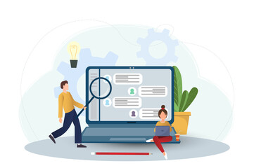 People working with notebook chatting in the internet, online work concept, team comunication concept, flat vector illustration