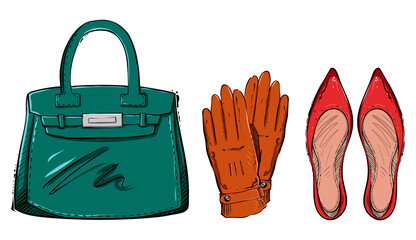 Set of woman accessories, shoes, bag and gloves, color vector illustration