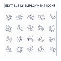 Unemployment line icons set. Unemployment variation. Documentation. Employee rights, protection, benefits. Joblessness concept. Isolated vector illustrations.Editable stroke