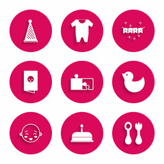Set Piece of puzzle, Cake with burning candles, Baby cutlery fork spoon, Rubber duck, Happy little boy head, shower invitations card, poster, Carnival garland flags and Party hat icon. Vector