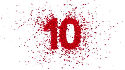 Top ten red countdown numbers from 10 to 0.Valentines Day numbers . Numbers made from hearts. 3d rendering. 14th February background 4K animation on green chroma background 