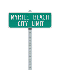 Vector illustration of the Myrtle Beach City Limit green road sign on metallic post