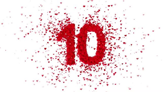 Top ten red countdown numbers from 10 to 0.Valentines Day numbers . Numbers made from hearts. 3d rendering. 14th February background 4K animation on green chroma background 
