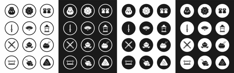 Fototapeta premium Set Geta traditional Japanese shoes, Paper chinese or japanese folding fan, katana, Maneki neko cat, Gate, Flower, Rice bowl with chopstick and Traditional icon. Vector